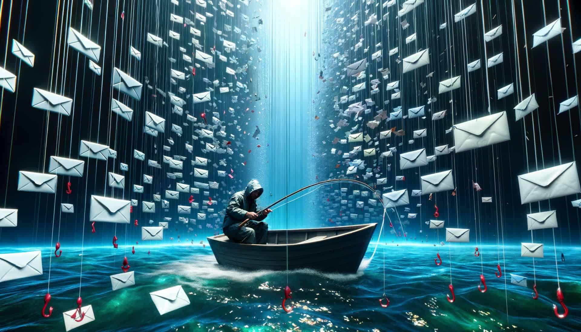 Securing Email: SPF, DKIM, and DMARC Explained 2 A hacker phishing on a digital ocean. Email phishing attempt. Cyber security concept. Cyber scam. Cyber crime. Wearing a hoodie