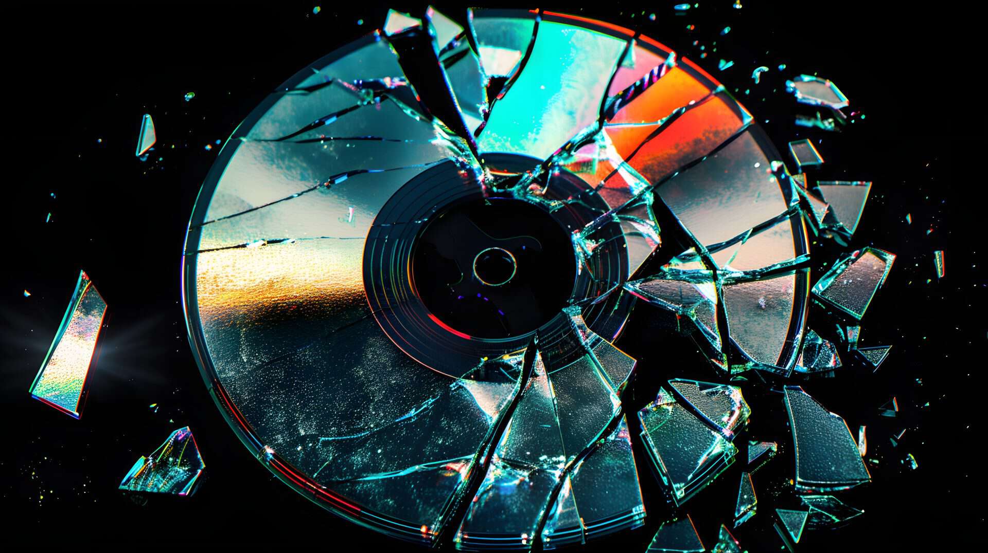 Shattered cd isolated on black background