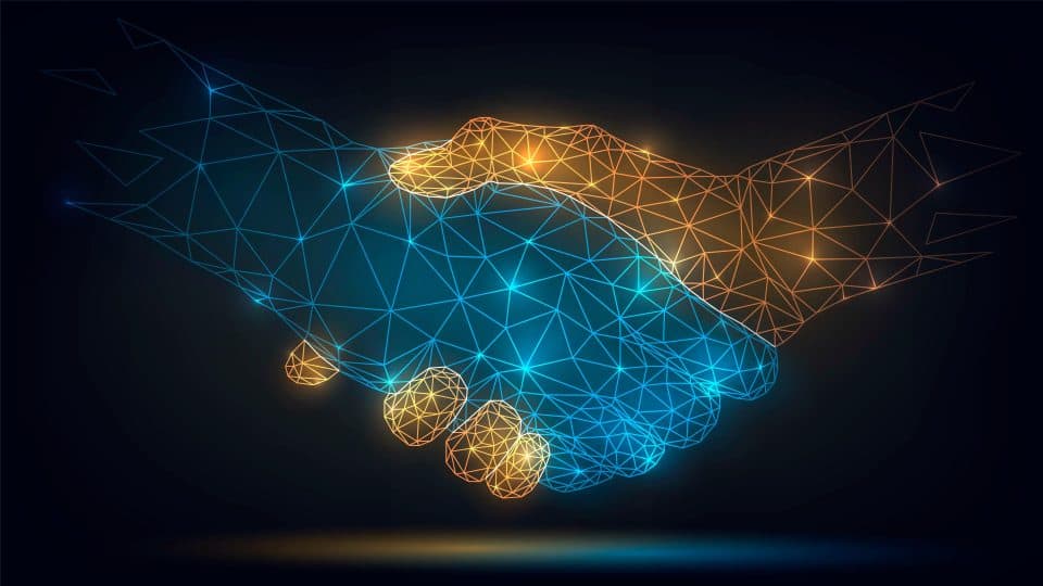 Two wire-frame glowing hands handshake technology business trust
