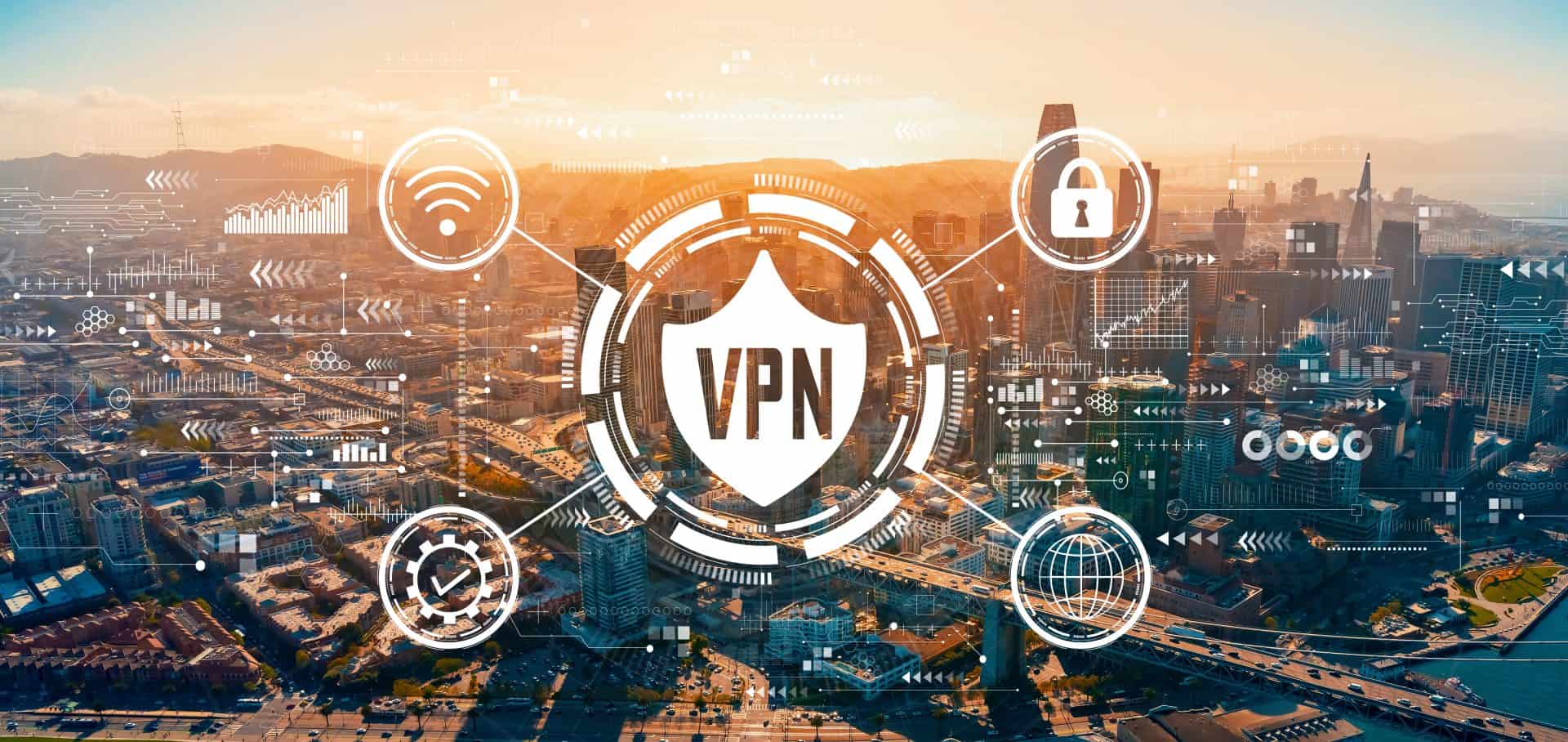 VPN concept with downtown San Francisco skyline buildings