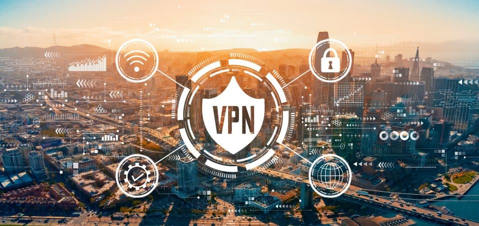 VPN concept with downtown San Francisco skyline buildings