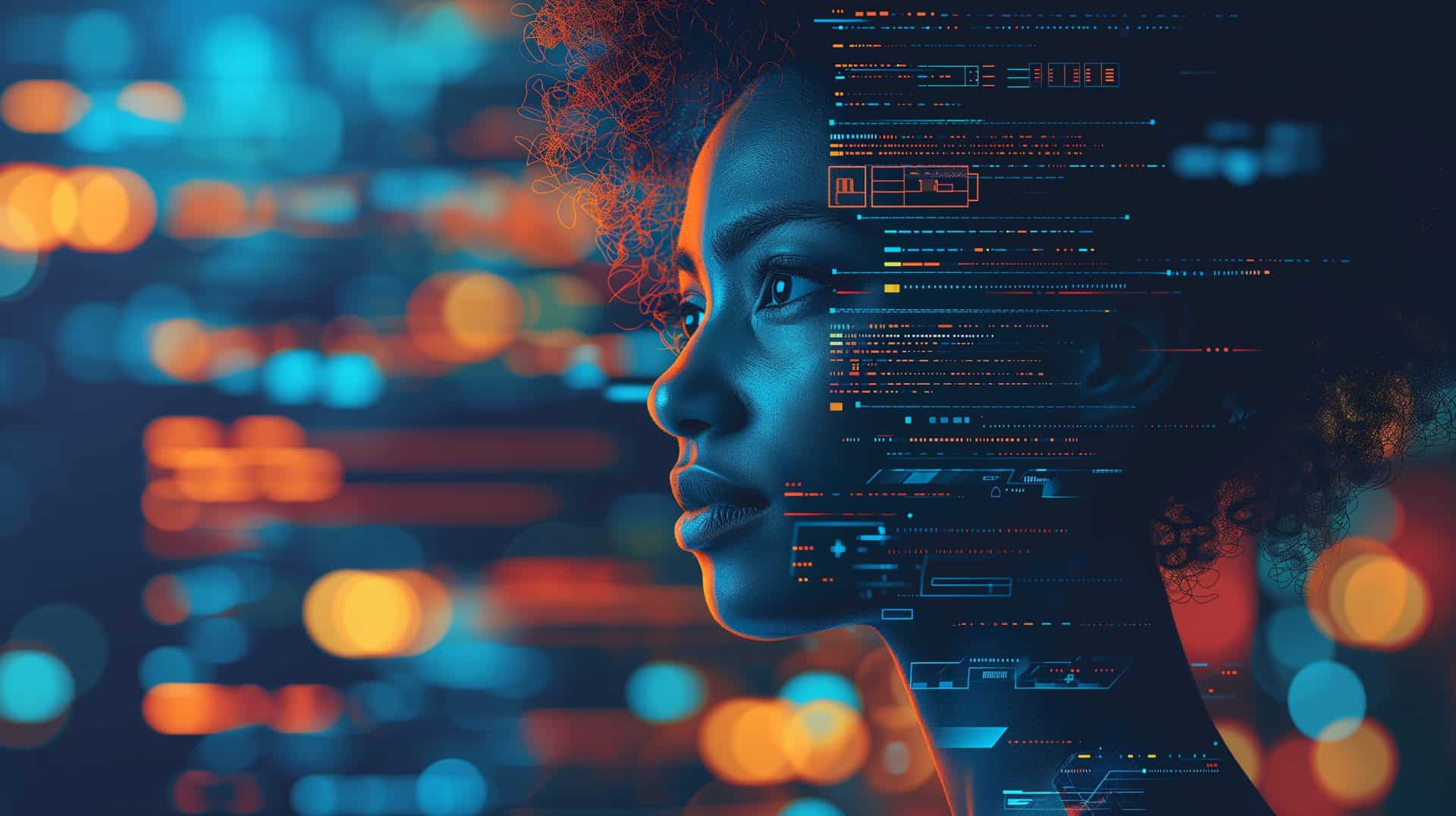 AI cyber security threat illustration, black african american female IT specialist analysing data information technology, augmented reality artificial intelligence collage, side profile, copy space, DKIM, DMARC, SPF